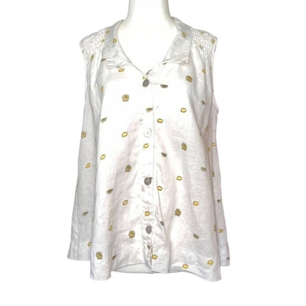 St. Tropez 100% Linen White Lemon Fruit Print Smocked Button Down Tank Top Sm